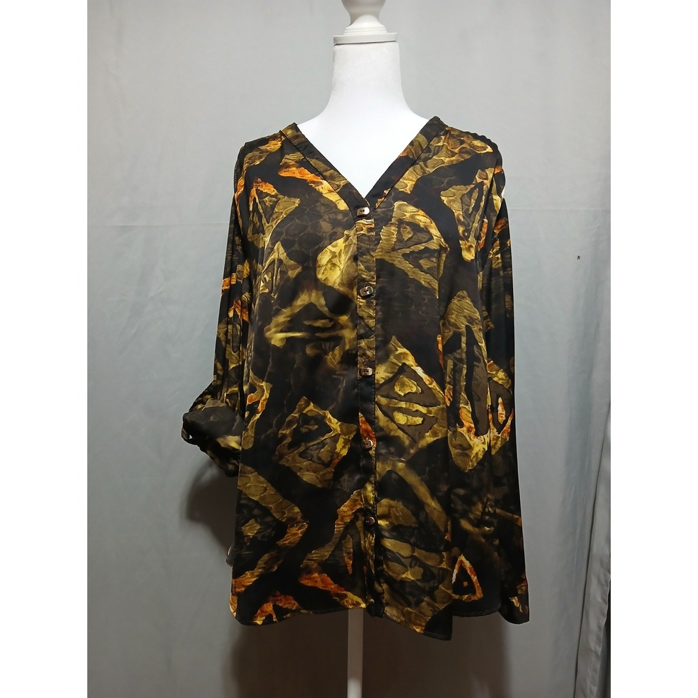 Alberto Makali Womens Abstract Geometric Print V-Back Button Down Blouse Large